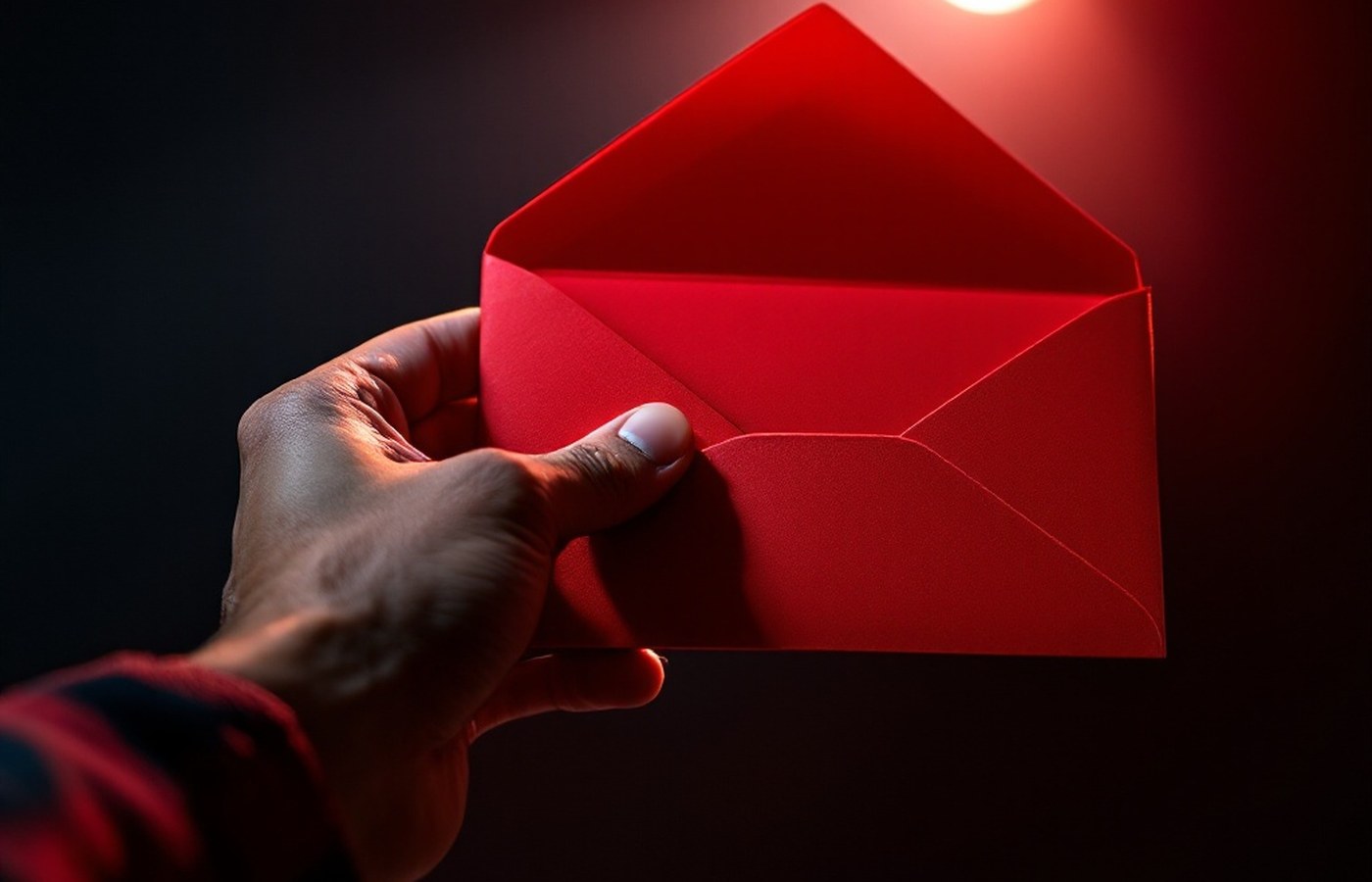 A hand opening a red award envelope on stage