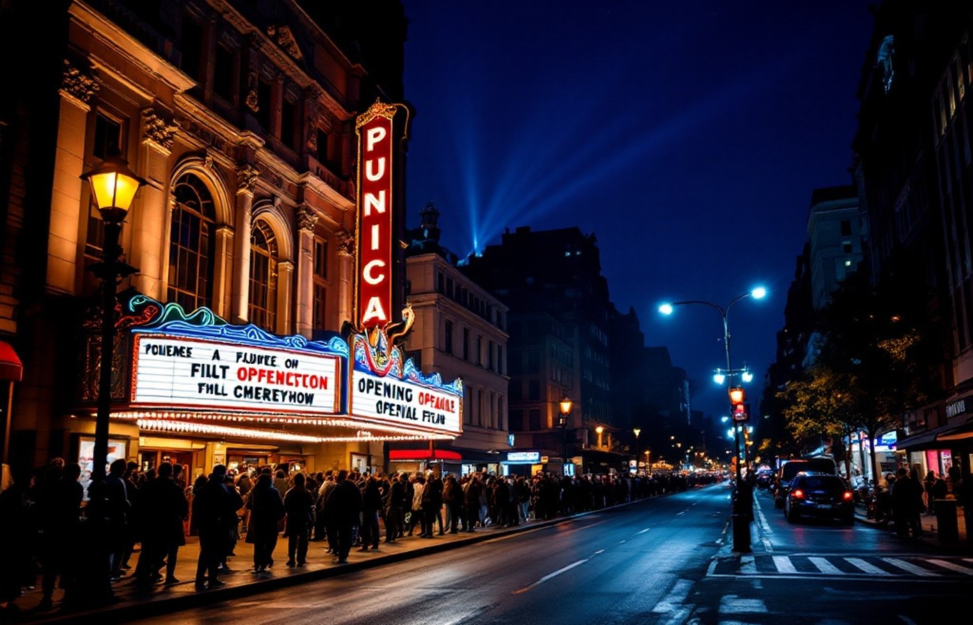An opening-night queue under a glowing movie palace marquee