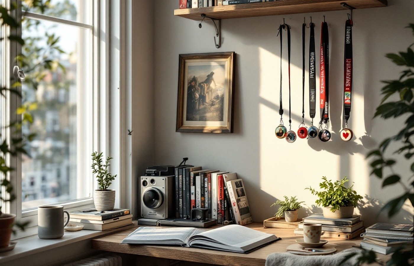 A study filled with film books and a vintage projector