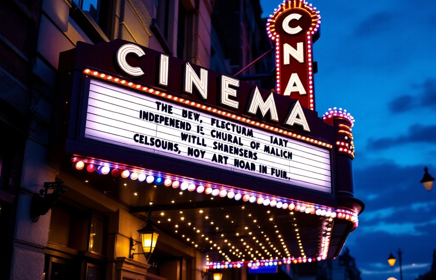 A cinema marquee glowing at night