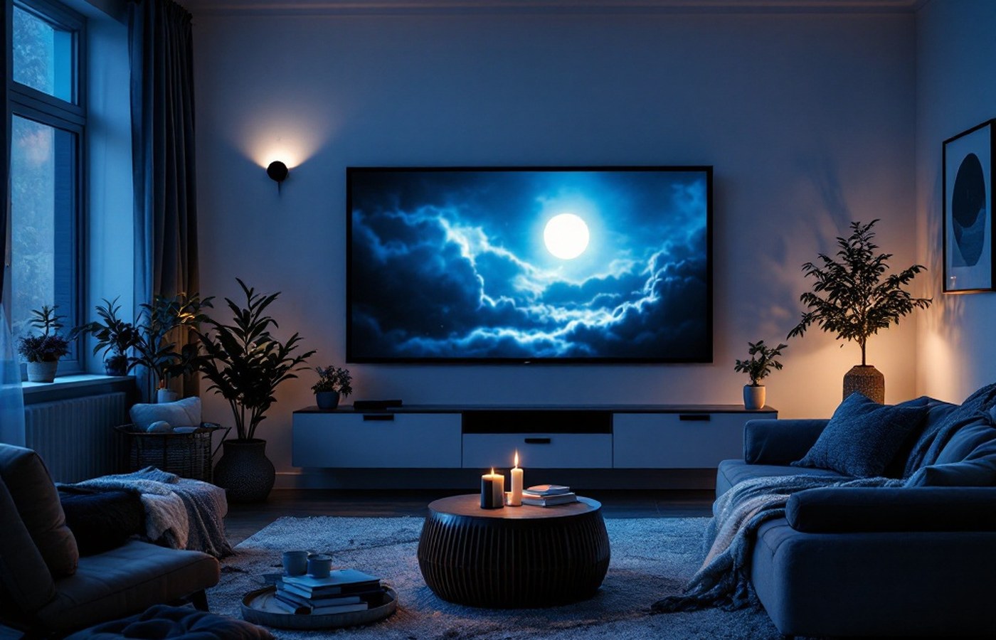A living room lit by a glowing TV screen