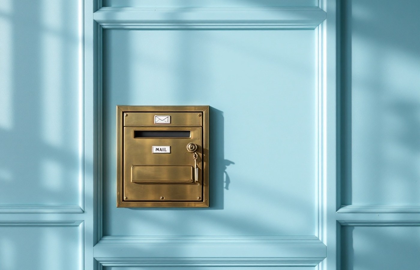 A brass mail slot set into a pale blue cinema lobby wall