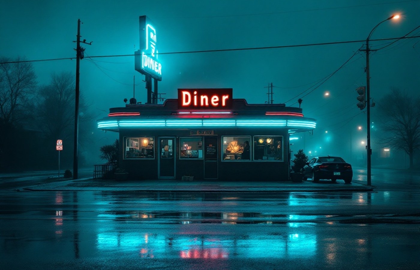 A neon-lit small-town diner on a misty night