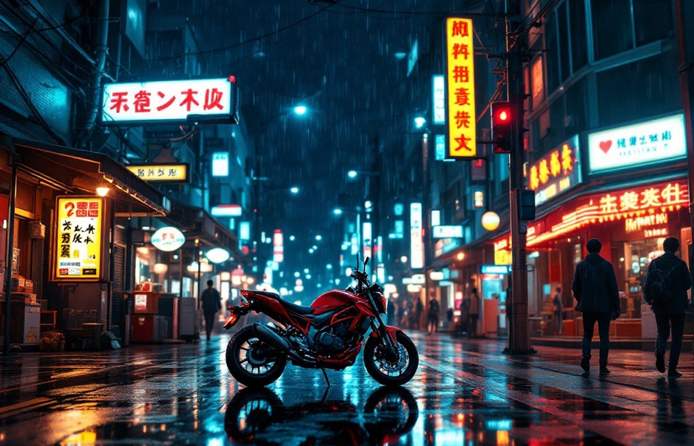 A neon-lit anime street with a red motorcycle